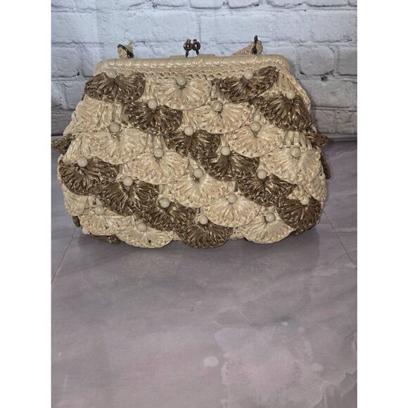 Walborg 1950s Beige/Taupe Woven Raffia Straw Handbag - Picture 1 of 9